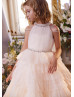 Halter Neck Beaded Champagne Tulle Ruffled Flower Girl Dress